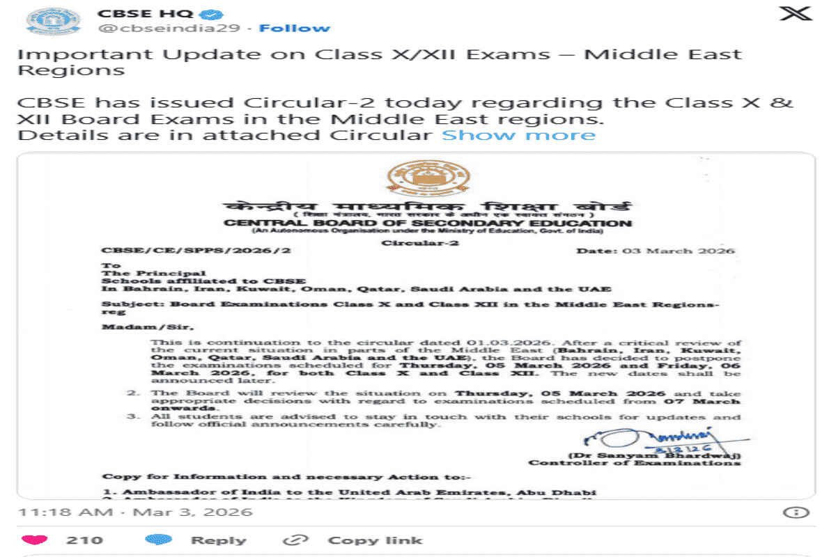 A screen grab of the post uploaded by CBSE on 'X'