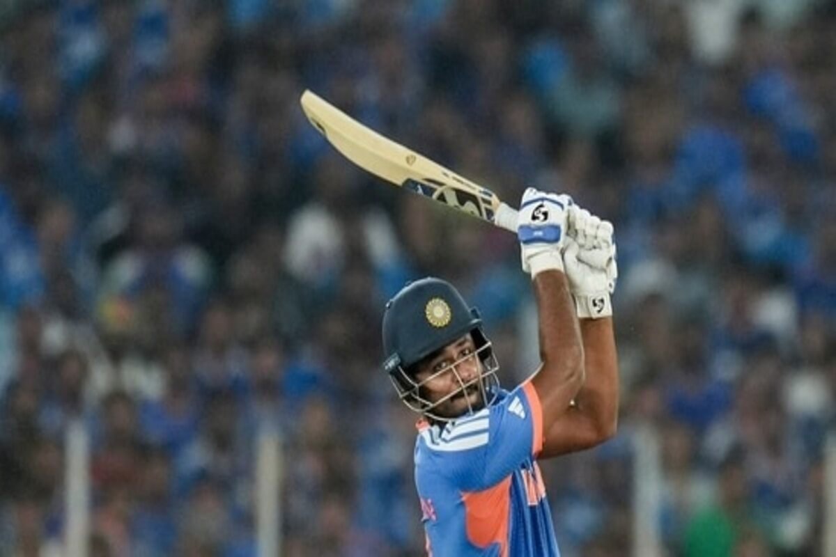 Samson delivering during a T20 WC 2026 match